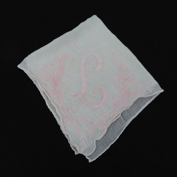 Handmade Embroidered Pink L Initial Monogram Scroll Handkerchief Hankie Vintage - Picture 8 of 9
